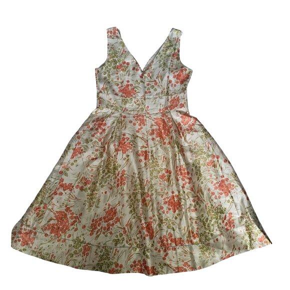Talbots Women's Cream/Orange Floral 100% Silk V-Neck Fit & Flare Dress Size 10 - Picture 3 of 14